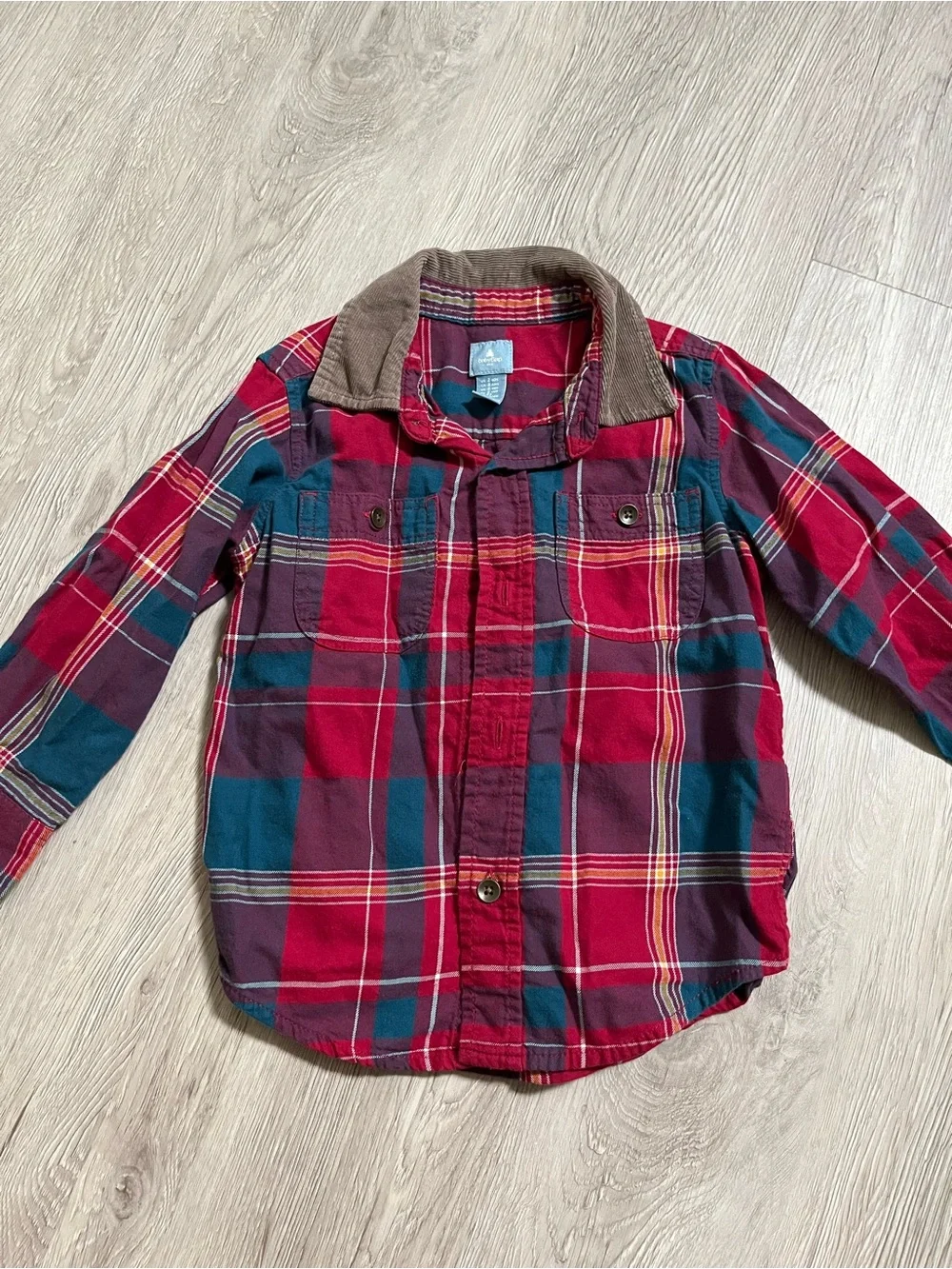 GAP Red Plaid Button-Down Shirt with Tan Corduroy Collar